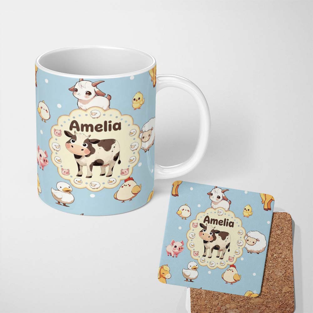 Personalized Custom Name Cute Farm Animals Cow Pig Duck Chicken Seamless Pattern Name Unique 11oz Ceramic Coffee Tea Mug White Large Handle