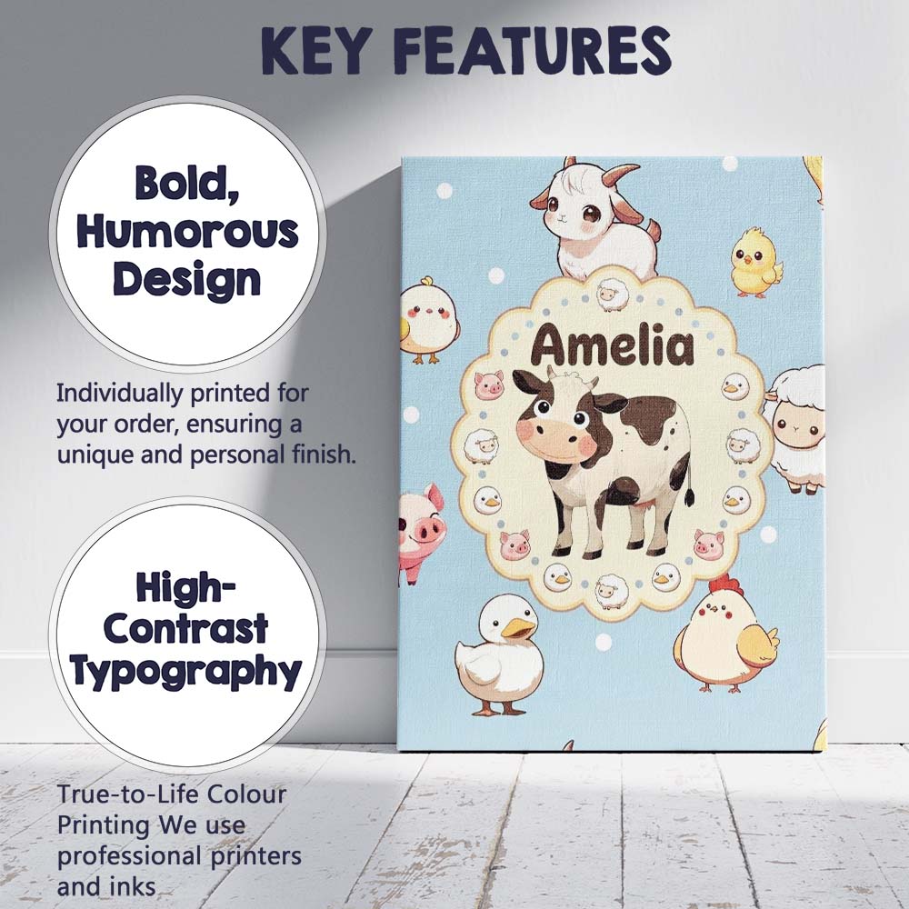 Personalised Name Cute Farm Animals Cow Pig Custom Bespoke Interior Contemporary Canvas Wall Art Print Decor Picture Ready to Hang