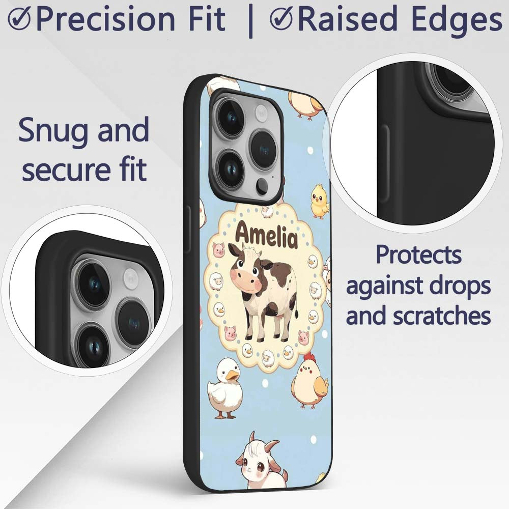 Cute Farm Animals Cow Pig Duck Chicken Seamless Custom Name Protective Phone Case Mobile Cover Durable Everyday Smartphone Shock Resistant