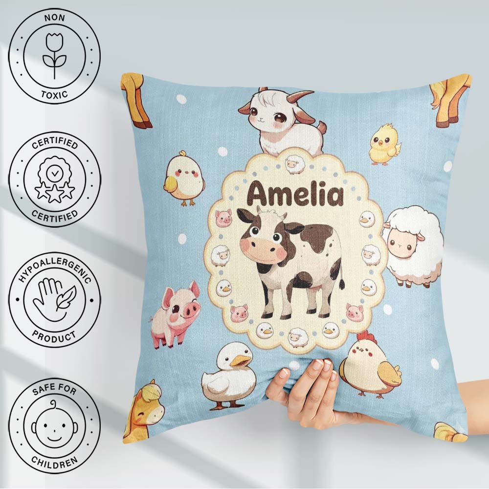 Custom Name Cute Farm Animals Cow Pig Duck Chicken Seamless Name Square Filled Cushion Throw Pillow Sofa Bed Home Decor Zip Washable UK Made