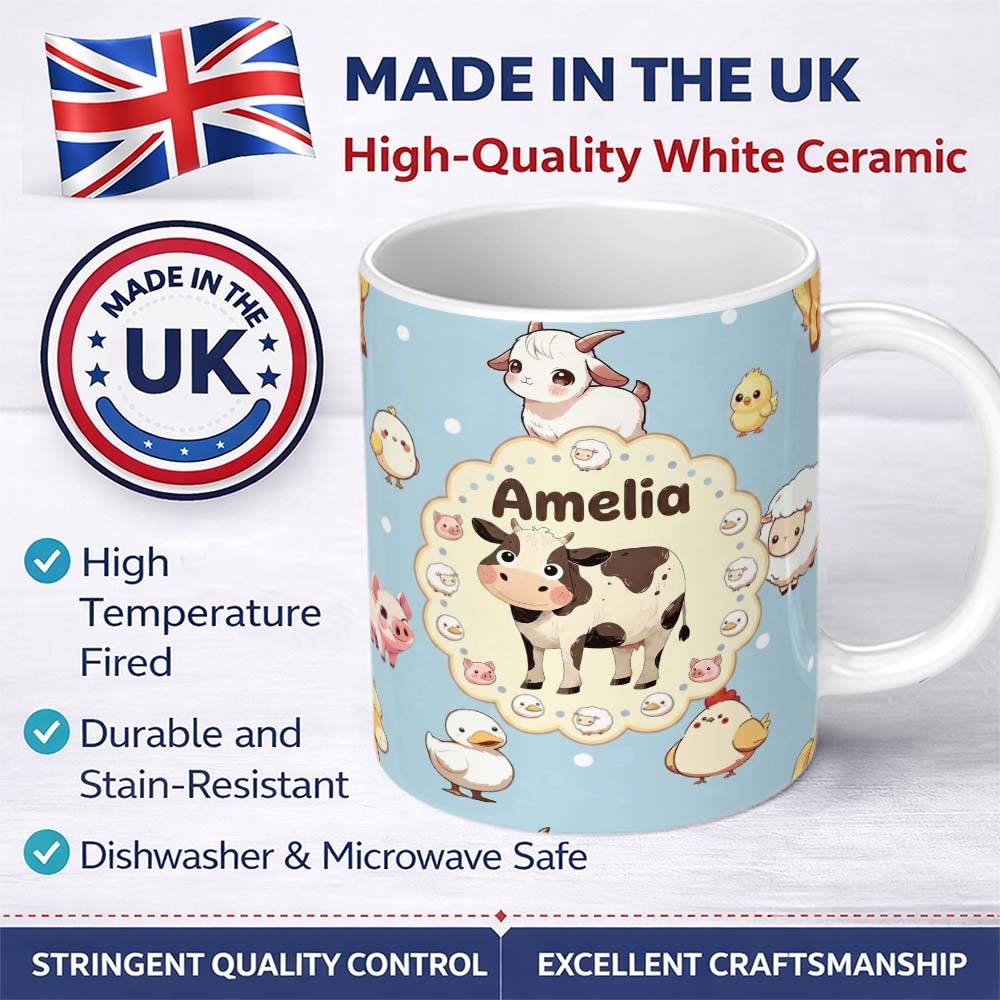 Personalized Custom Name Cute Farm Animals Cow Pig Duck Chicken Seamless Pattern Name Unique 11oz Ceramic Coffee Tea Mug White Large Handle