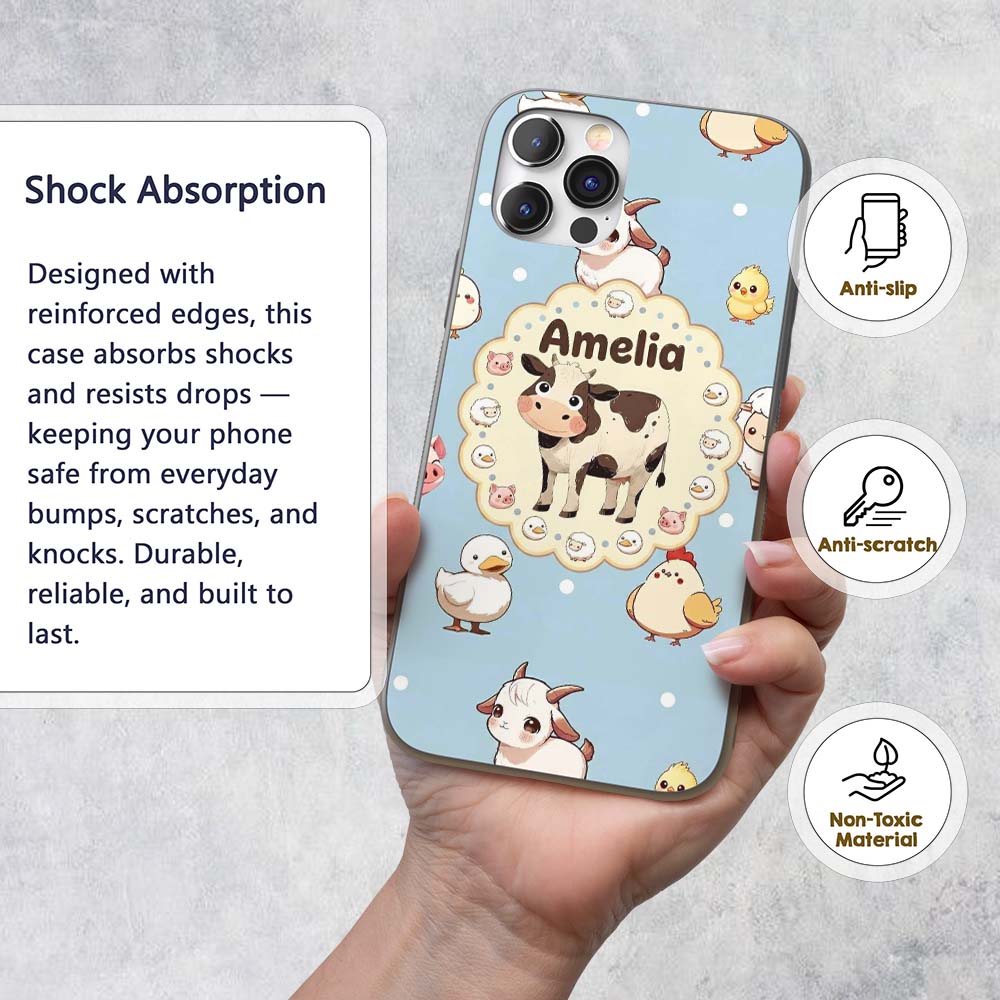 Cute Farm Animals Cow Pig Duck Chicken Seamless Custom Name Protective Phone Case Mobile Cover Durable Everyday Smartphone Shock Resistant