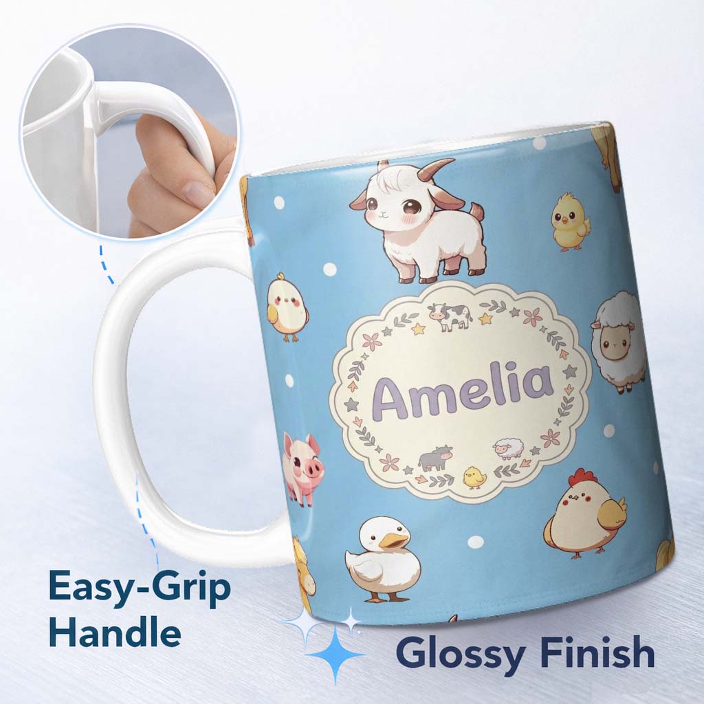 Personalized Custom Name Cute Farm Animals Blue Background Seamless Pattern Custom Name 11oz Ceramic Coffee Tea Mug White Large Handle