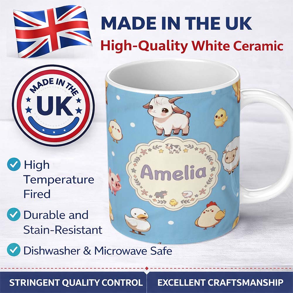 Personalized Custom Name Cute Farm Animals Blue Background Seamless Pattern Custom Name 11oz Ceramic Coffee Tea Mug White Large Handle