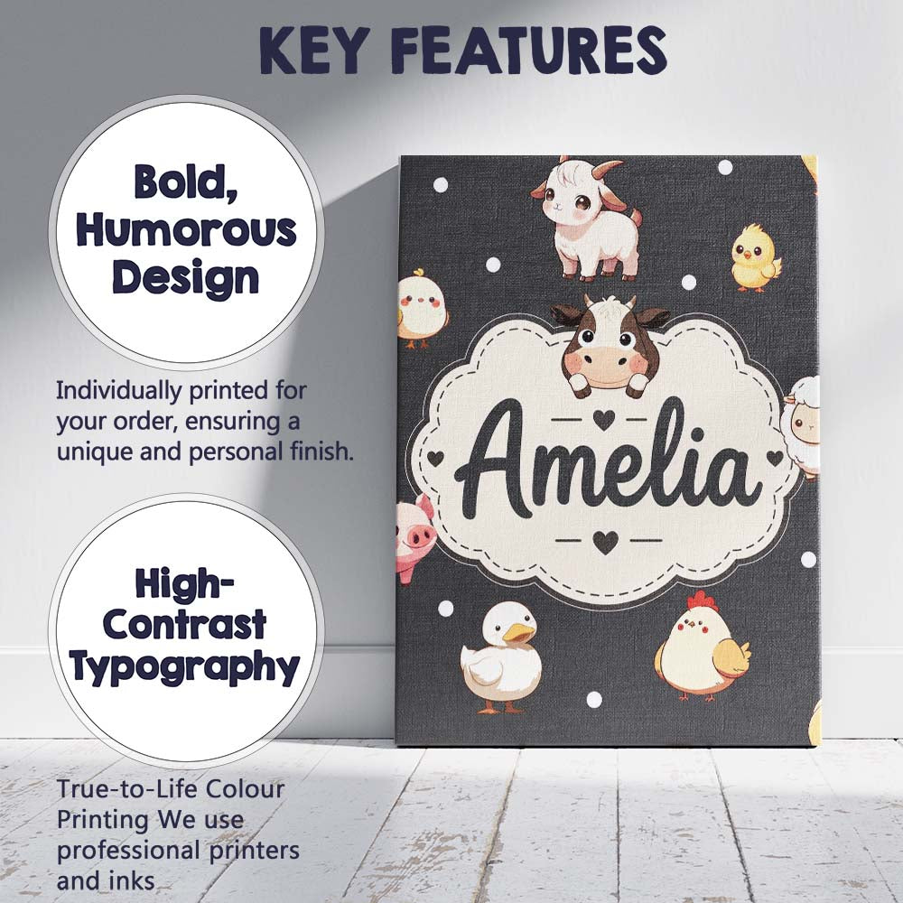 Personalised Name Cute Farm Animals Dark Custom Unique Gift Idea Elegant Feature Canvas Wall Art Print Decor Picture Ready to Hang