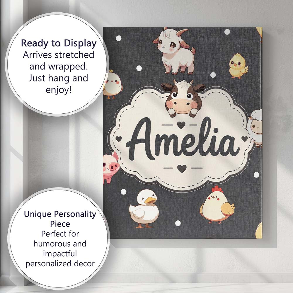 Personalised Name Cute Farm Animals Dark Custom Unique Gift Idea Elegant Feature Canvas Wall Art Print Decor Picture Ready to Hang