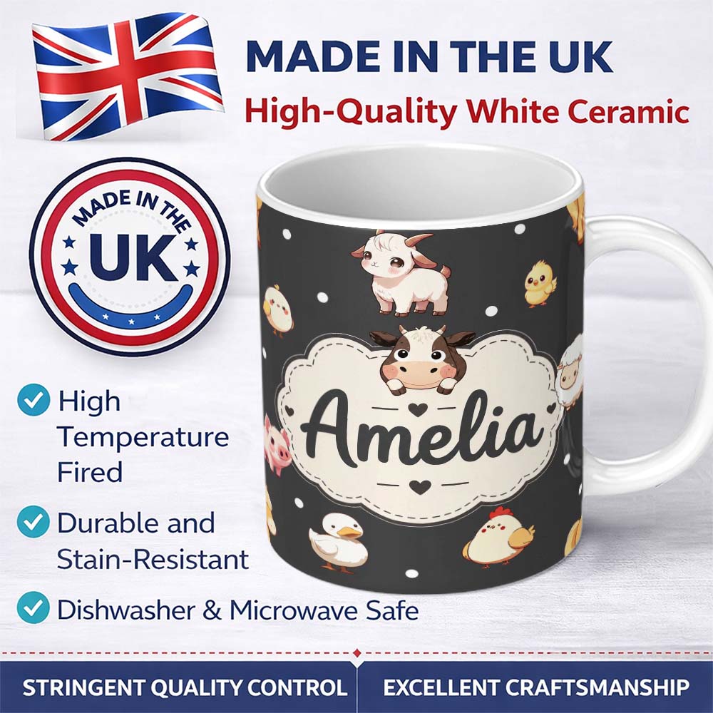 Personalized Custom Name Cute Farm Animals Dark Background Seamless Pattern Custom Name 11oz Ceramic Coffee Tea Mug White Large Handle