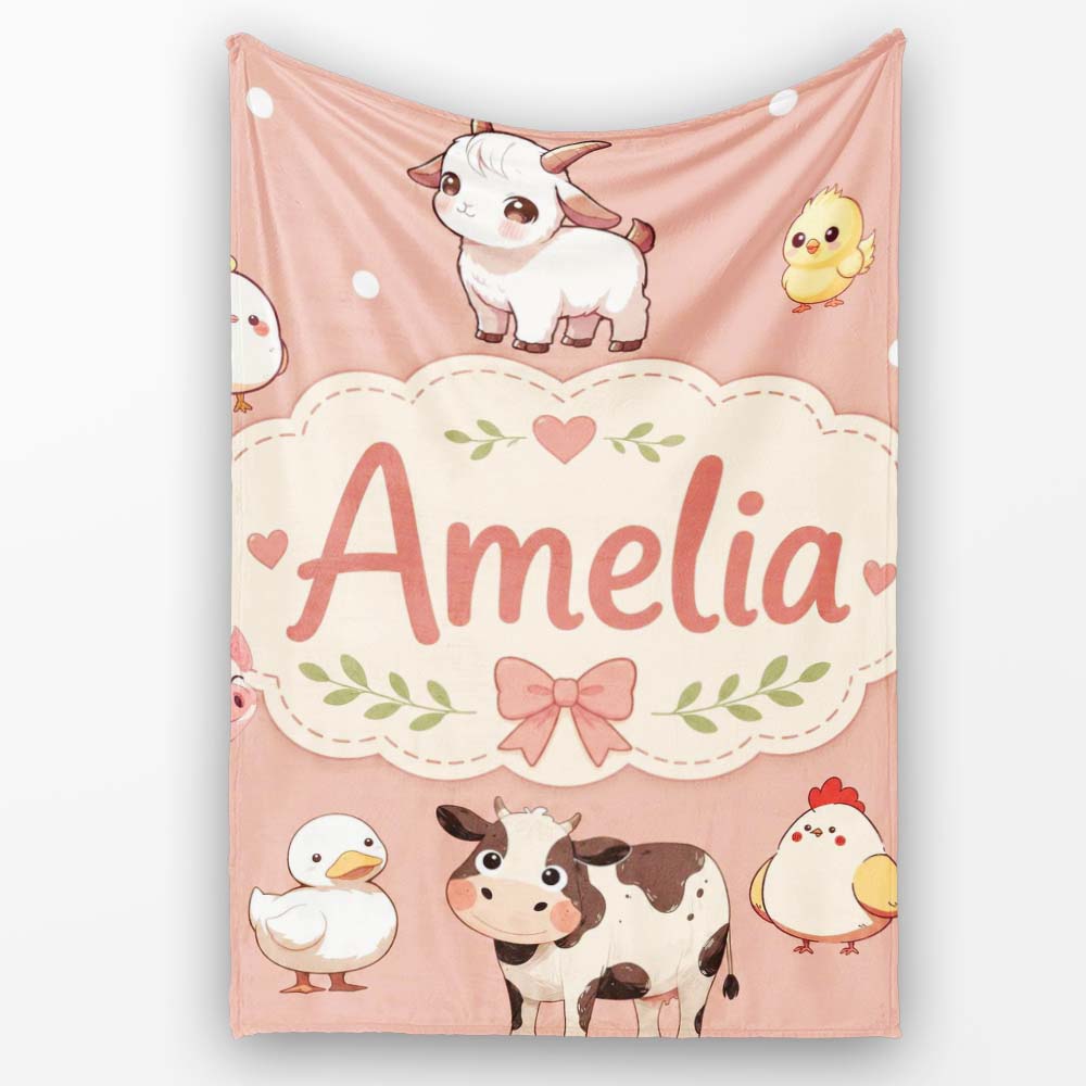 Cute Farm Animals Peach Background Seamless Pattern Name Unique Gift Personalised Custom Name Super Soft Fleece Blanket Bed Sofa Throw