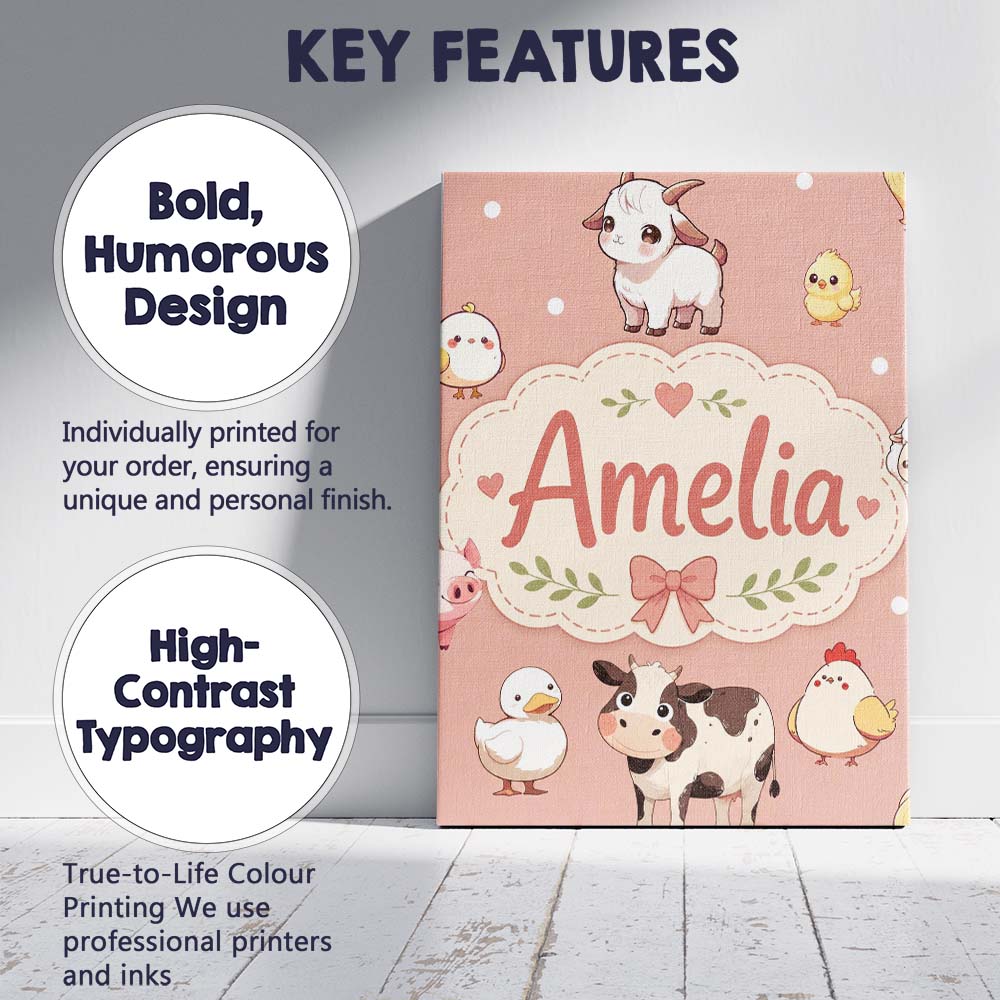 Personalised Name Cute Farm Animals Peach Custom Unique Gift Idea Elegant Feature Canvas Wall Art Print Decor Picture Ready to Hang