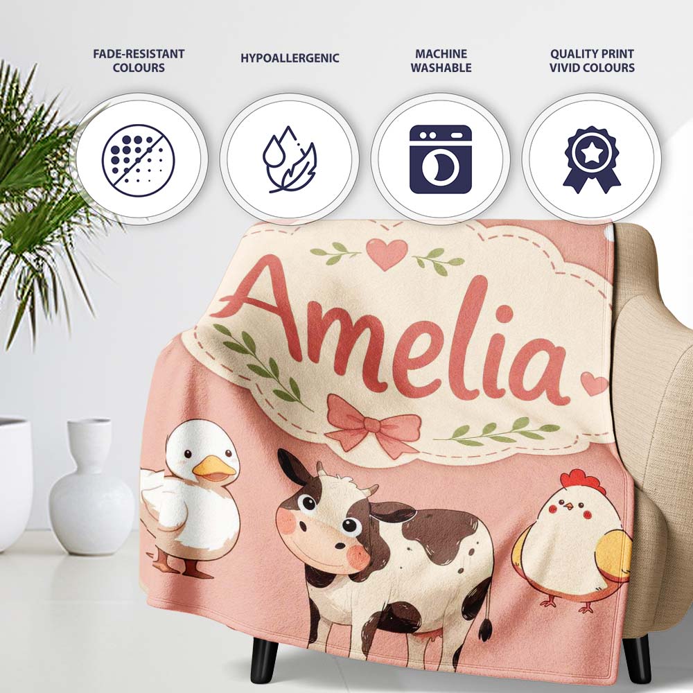 Cute Farm Animals Peach Background Seamless Pattern Name Unique Gift Personalised Custom Name Super Soft Fleece Blanket Bed Sofa Throw