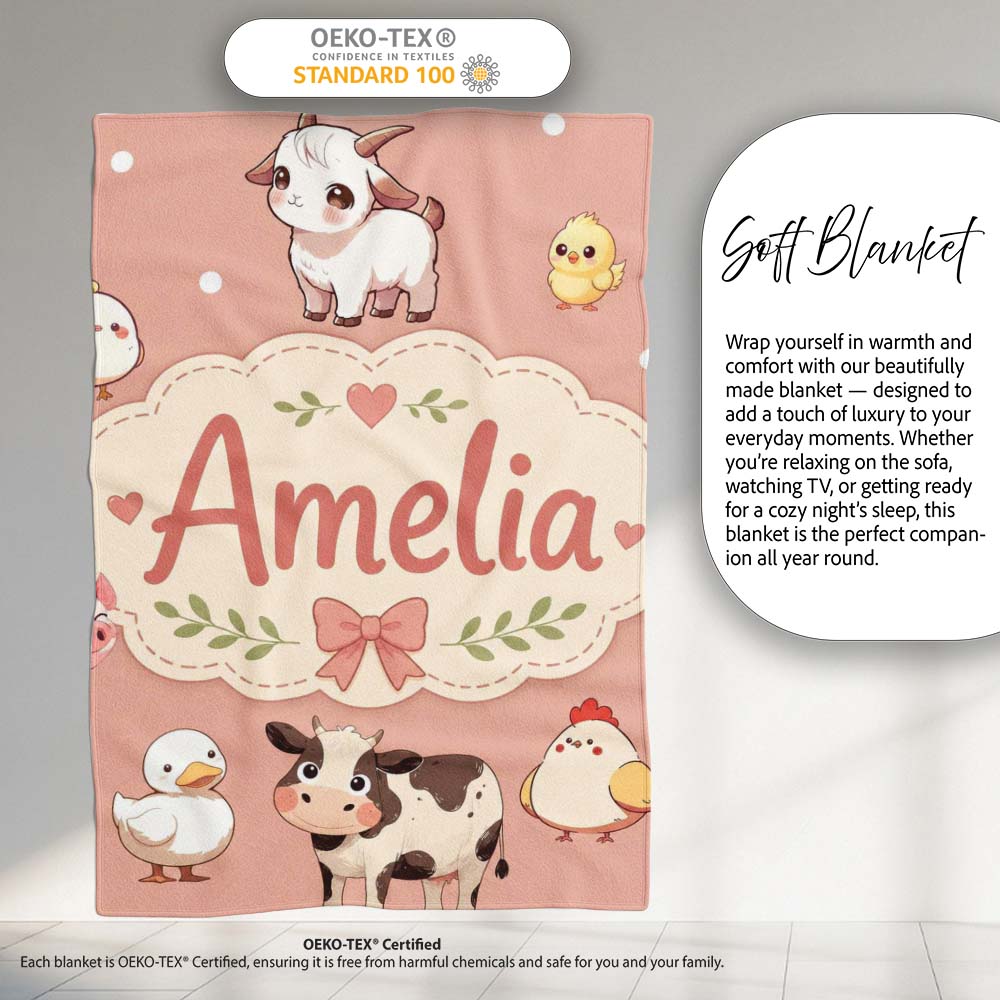 Cute Farm Animals Peach Background Seamless Pattern Name Unique Gift Personalised Custom Name Super Soft Fleece Blanket Bed Sofa Throw