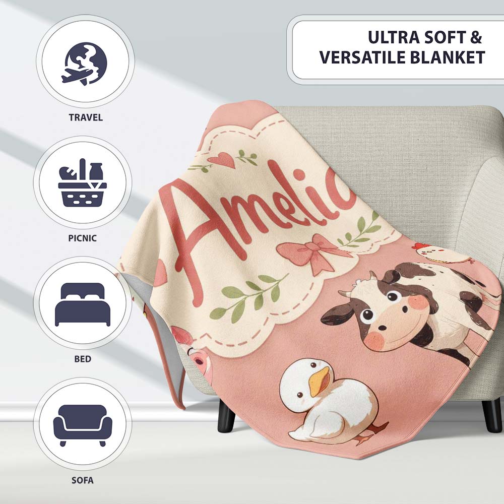 Cute Farm Animals Peach Background Seamless Pattern Name Unique Gift Personalised Custom Name Super Soft Fleece Blanket Bed Sofa Throw