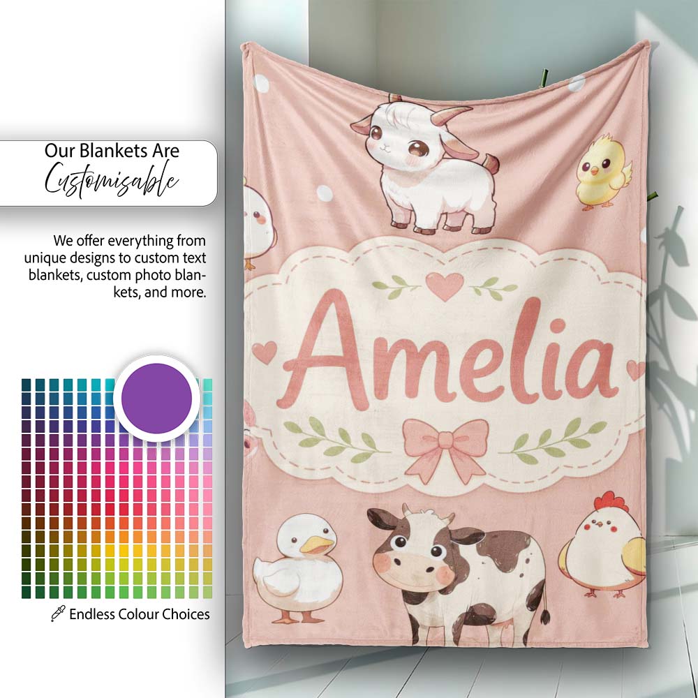 Cute Farm Animals Peach Background Seamless Pattern Name Unique Gift Personalised Custom Name Super Soft Fleece Blanket Bed Sofa Throw