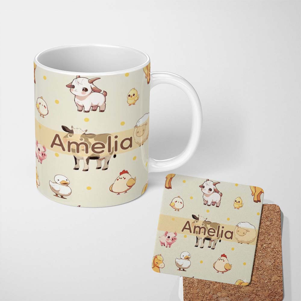 Personalized Custom Name Cute Farm Animals Cream Dot Background Seamless Pattern Name Unique 11oz Ceramic Coffee Tea Mug White Large Handle