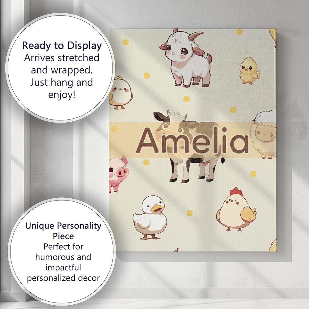 Personalised Name Cute Farm Animals Cream Custom Unique Gift Idea Elegant Feature Canvas Wall Art Print Decor Picture Ready to Hang
