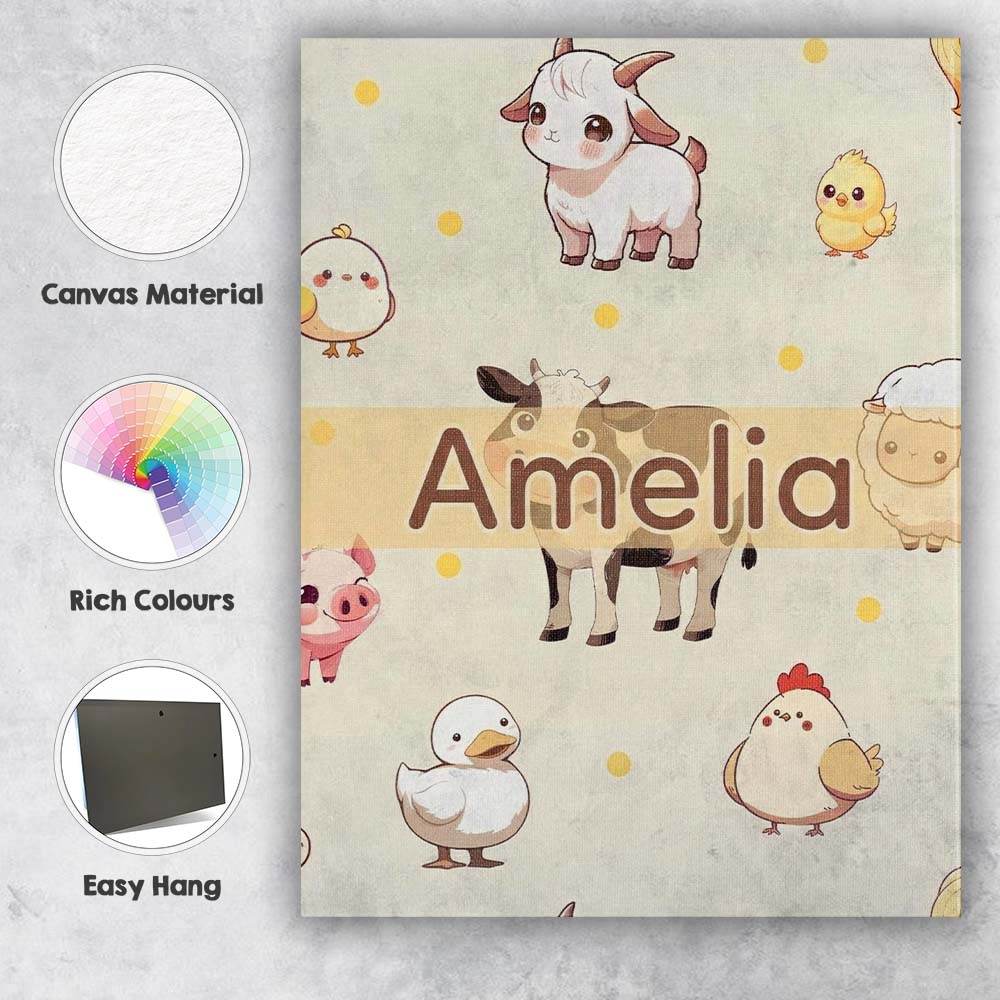 Personalised Name Cute Farm Animals Cream Custom Unique Gift Idea Elegant Feature Canvas Wall Art Print Decor Picture Ready to Hang