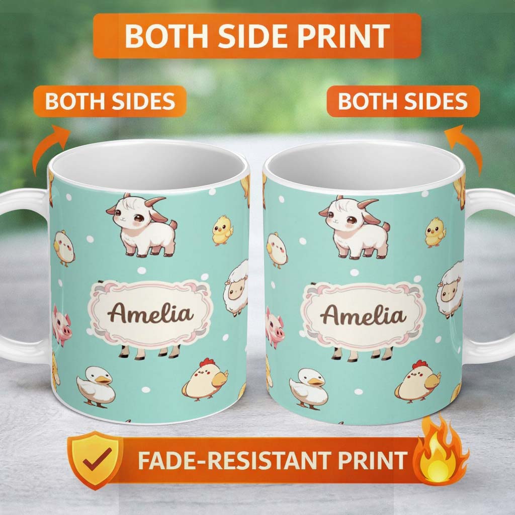 Personalized Custom Name Cute Farm Animals Mint Background Seamless Pattern Custom Name 11oz Ceramic Coffee Tea Mug White Large Handle