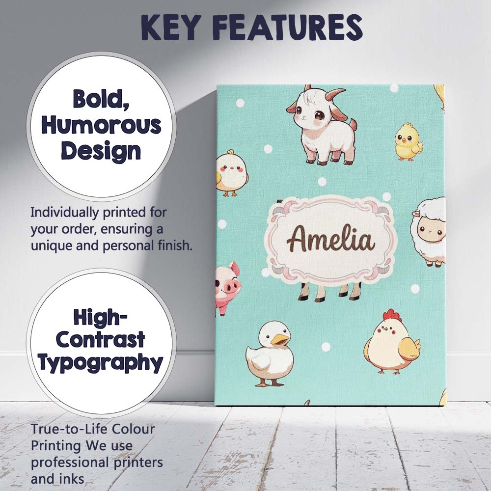 Personalised Name Cute Farm Animals Mint Custom Unique Gift Idea Elegant Feature Canvas Wall Art Print Decor Picture Ready to Hang
