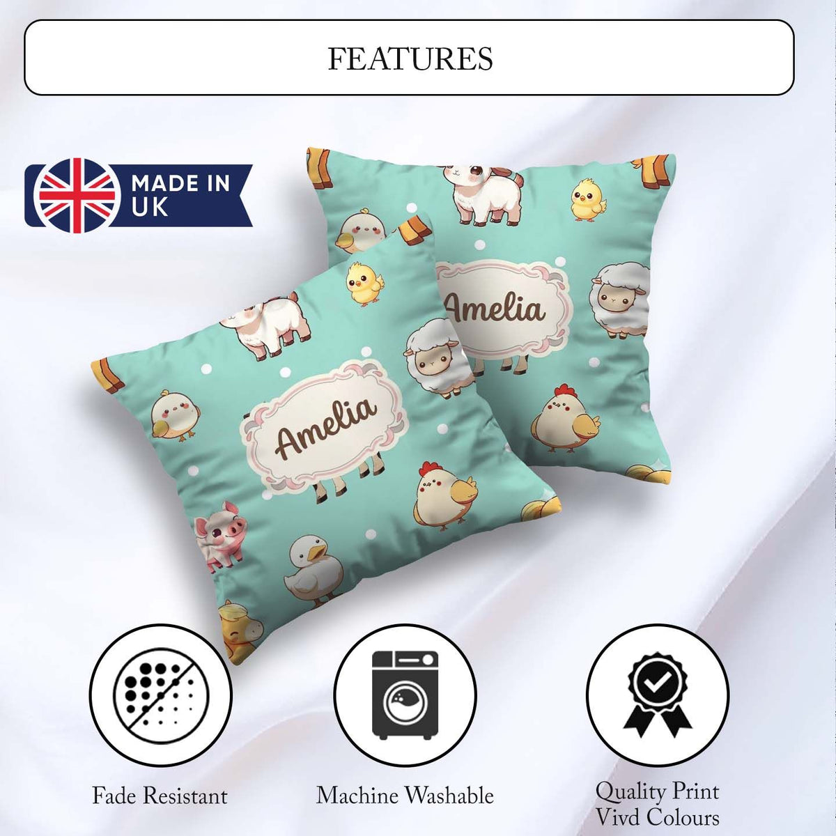Custom Name Cute Farm Animals Mint Background Seamless Pattern Square Filled Cushion Throw Pillow Sofa Bed Home Decor Zip Washable UK Made