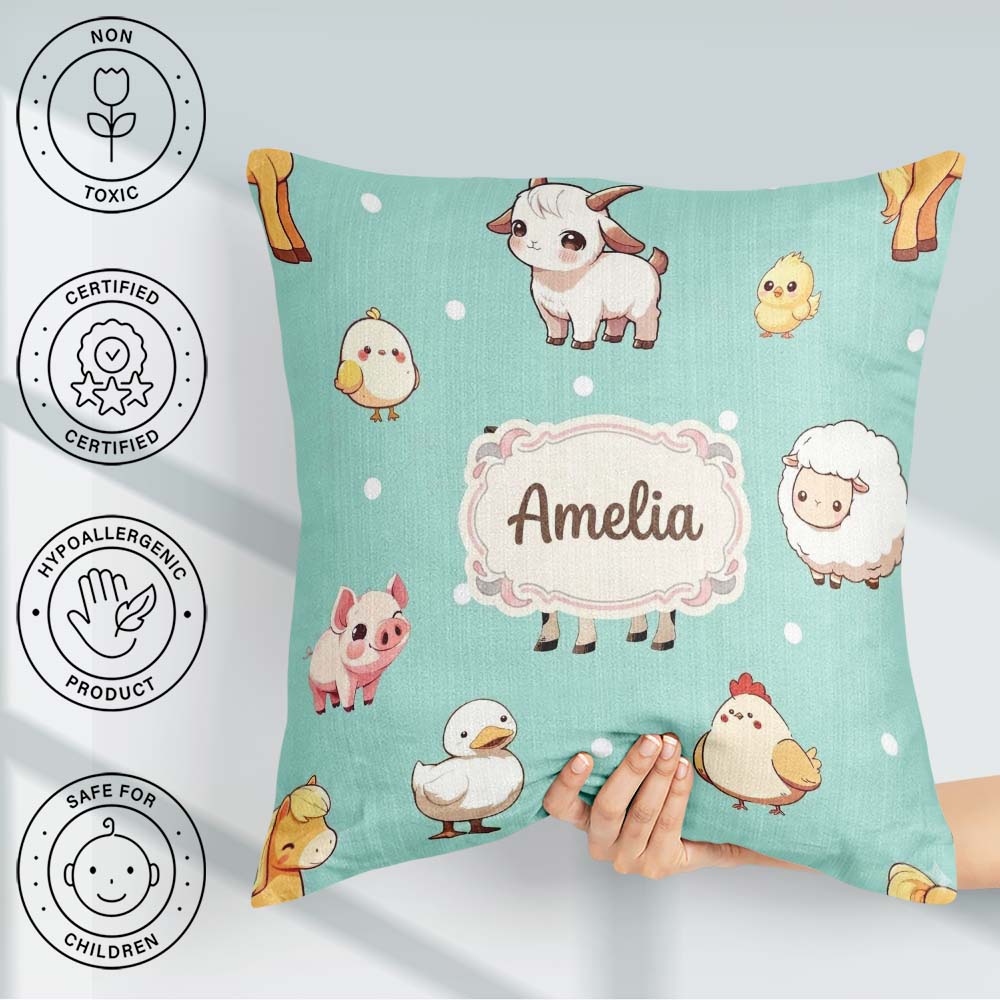 Custom Name Cute Farm Animals Mint Background Seamless Pattern Square Filled Cushion Throw Pillow Sofa Bed Home Decor Zip Washable UK Made