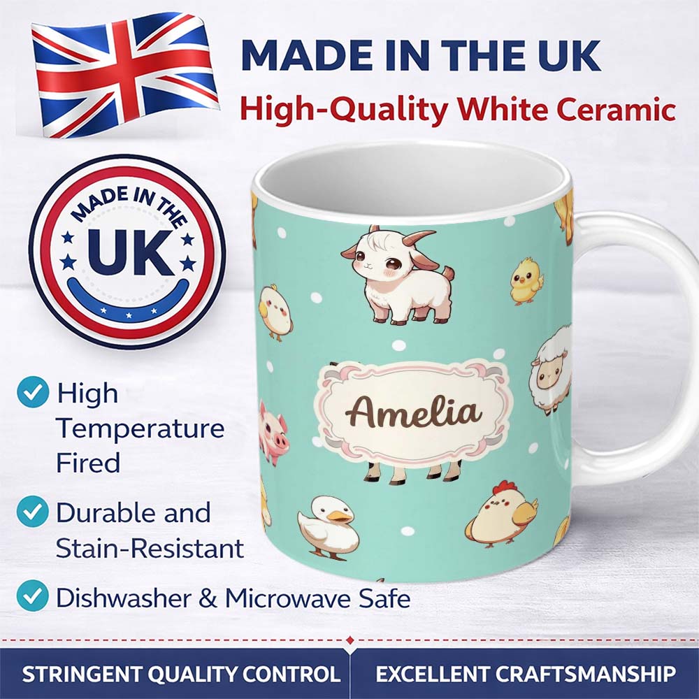 Personalized Custom Name Cute Farm Animals Mint Background Seamless Pattern Custom Name 11oz Ceramic Coffee Tea Mug White Large Handle