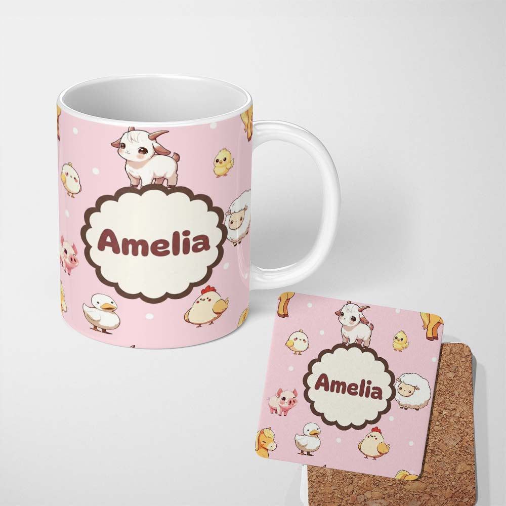 Personalized Custom Name Cute Farm Animals Cow Pig Duck Chicken Pink Background Seamless 11oz Ceramic Coffee Tea Mug White Large Handle