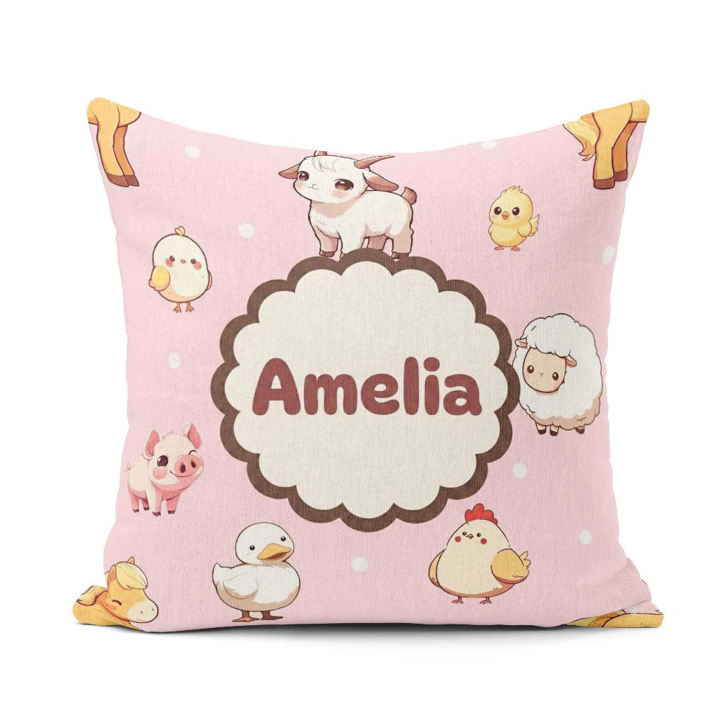 Custom Name Cute Farm Animals Cow Pig Duck Chicken Pink Seamless Square Filled Cushion Throw Pillow Sofa Bed Home Decor Zip Washable UK Made
