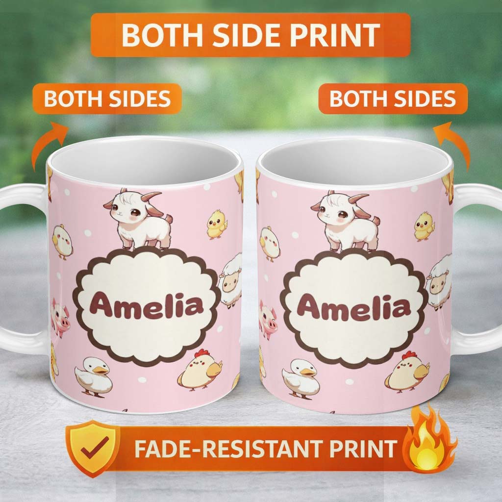 Personalized Custom Name Cute Farm Animals Cow Pig Duck Chicken Pink Background Seamless 11oz Ceramic Coffee Tea Mug White Large Handle