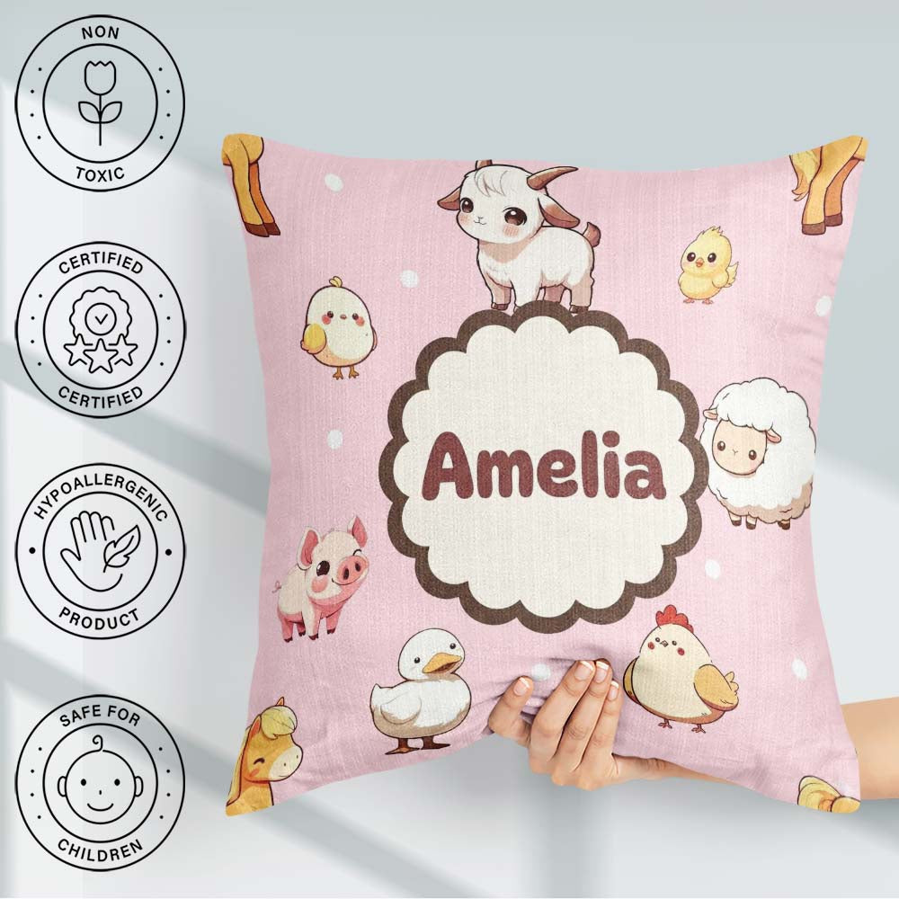 Custom Name Cute Farm Animals Cow Pig Duck Chicken Pink Seamless Square Filled Cushion Throw Pillow Sofa Bed Home Decor Zip Washable UK Made