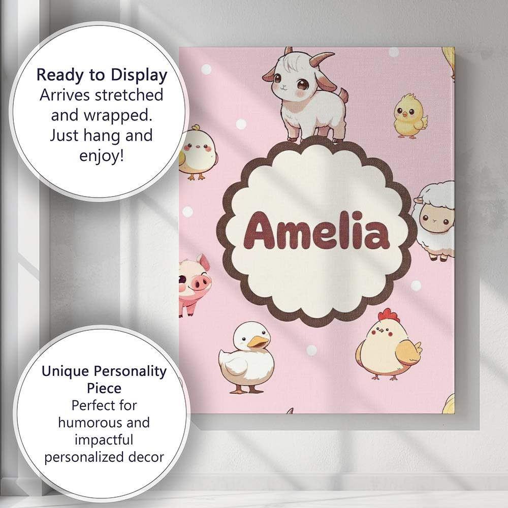 Personalised Name Cute Farm Animals Cow Pig Custom Bespoke Interior Contemporary Canvas Wall Art Print Decor Picture Ready to Hang