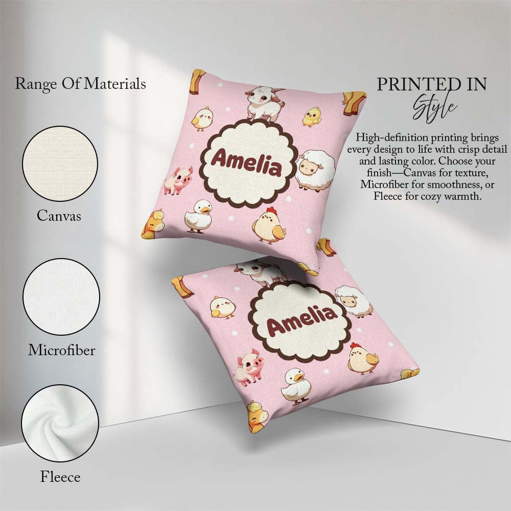 Custom Name Cute Farm Animals Cow Pig Duck Chicken Pink Seamless Square Filled Cushion Throw Pillow Sofa Bed Home Decor Zip Washable UK Made