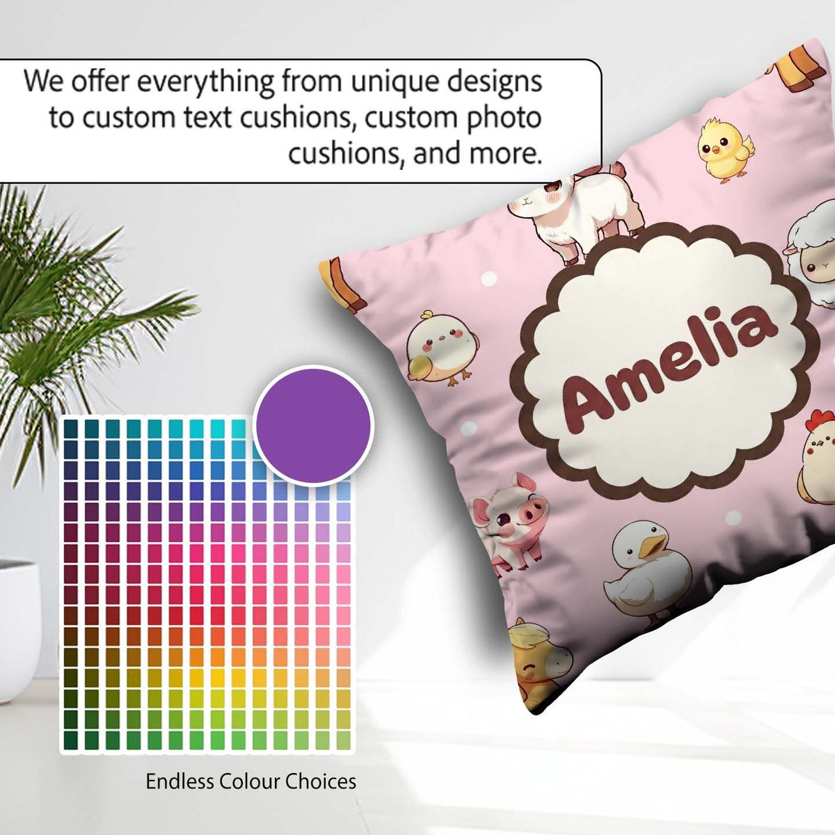 Custom Name Cute Farm Animals Cow Pig Duck Chicken Pink Seamless Square Filled Cushion Throw Pillow Sofa Bed Home Decor Zip Washable UK Made