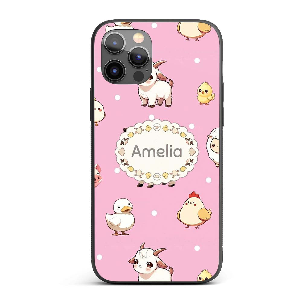 Cute Farm Animals Cow Pig Duck Chicken Soft Pink Custom Name Protective Phone Case Mobile Cover Durable Everyday Smartphone Shock Resistant