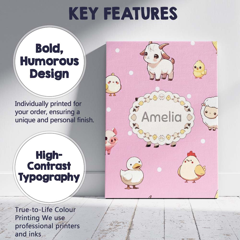 Personalised Name Cute Farm Animals Cow Pig Custom Bespoke Interior Contemporary Canvas Wall Art Print Decor Picture Ready to Hang