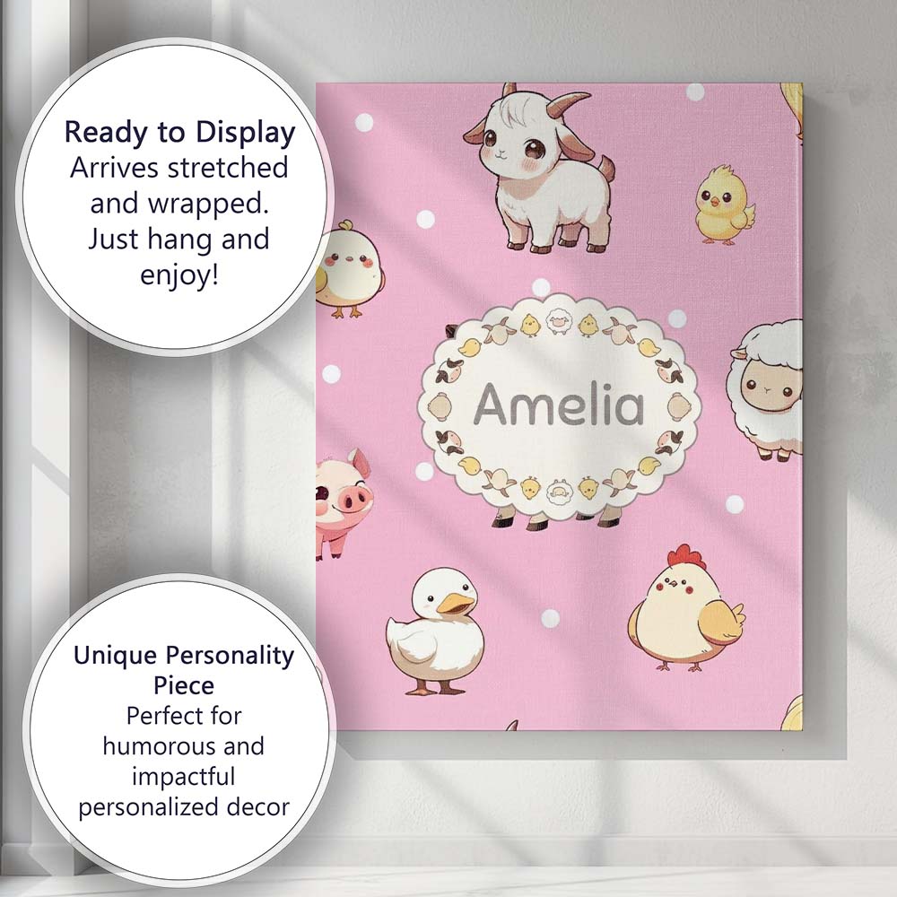 Personalised Name Cute Farm Animals Cow Pig Custom Bespoke Interior Contemporary Canvas Wall Art Print Decor Picture Ready to Hang