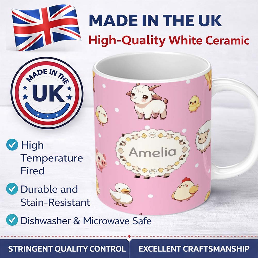 Personalized Custom Name Cute Farm Animals Cow Pig Duck Chicken Soft Pink Background 11oz Ceramic Coffee Tea Mug White Large Handle