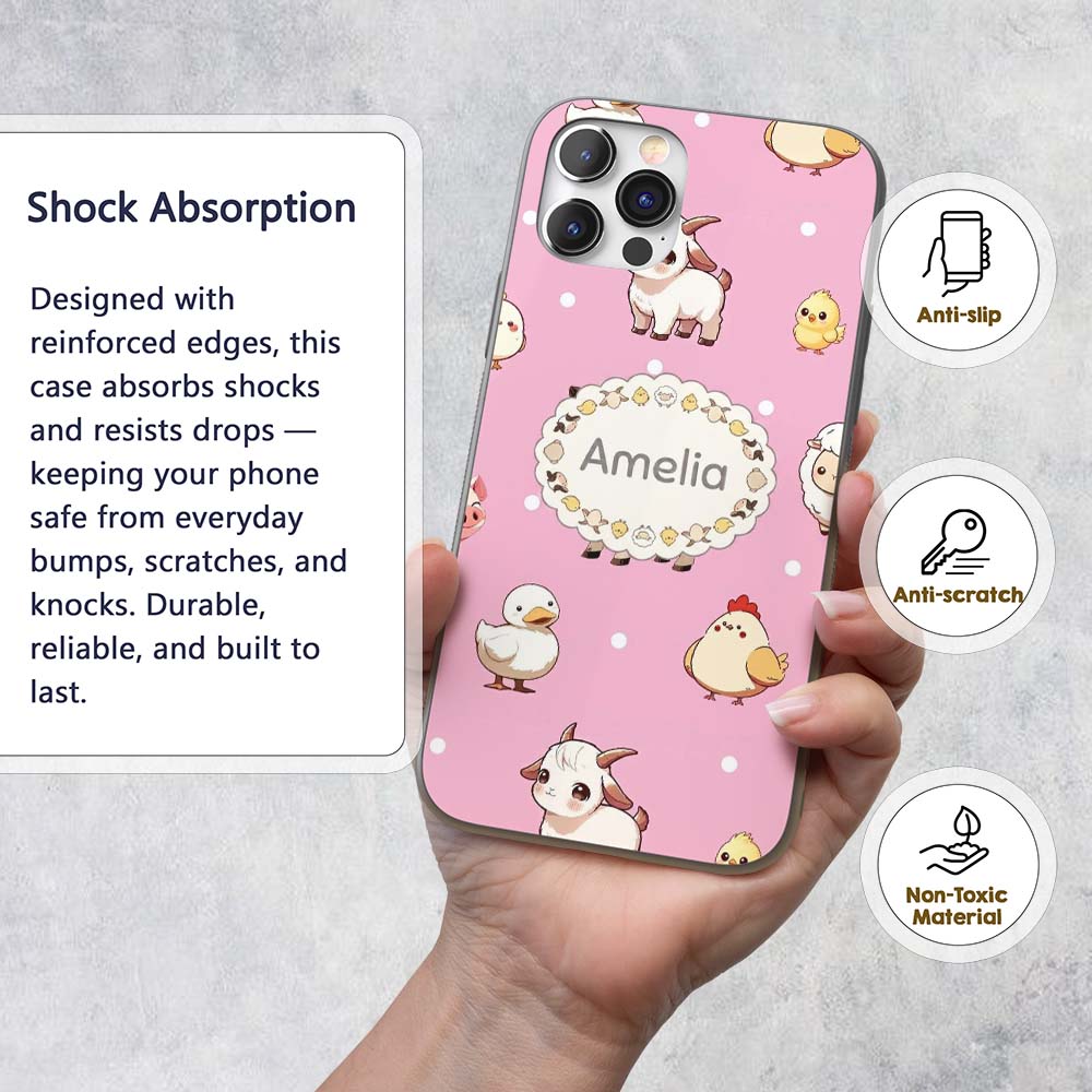 Cute Farm Animals Cow Pig Duck Chicken Soft Pink Custom Name Protective Phone Case Mobile Cover Durable Everyday Smartphone Shock Resistant