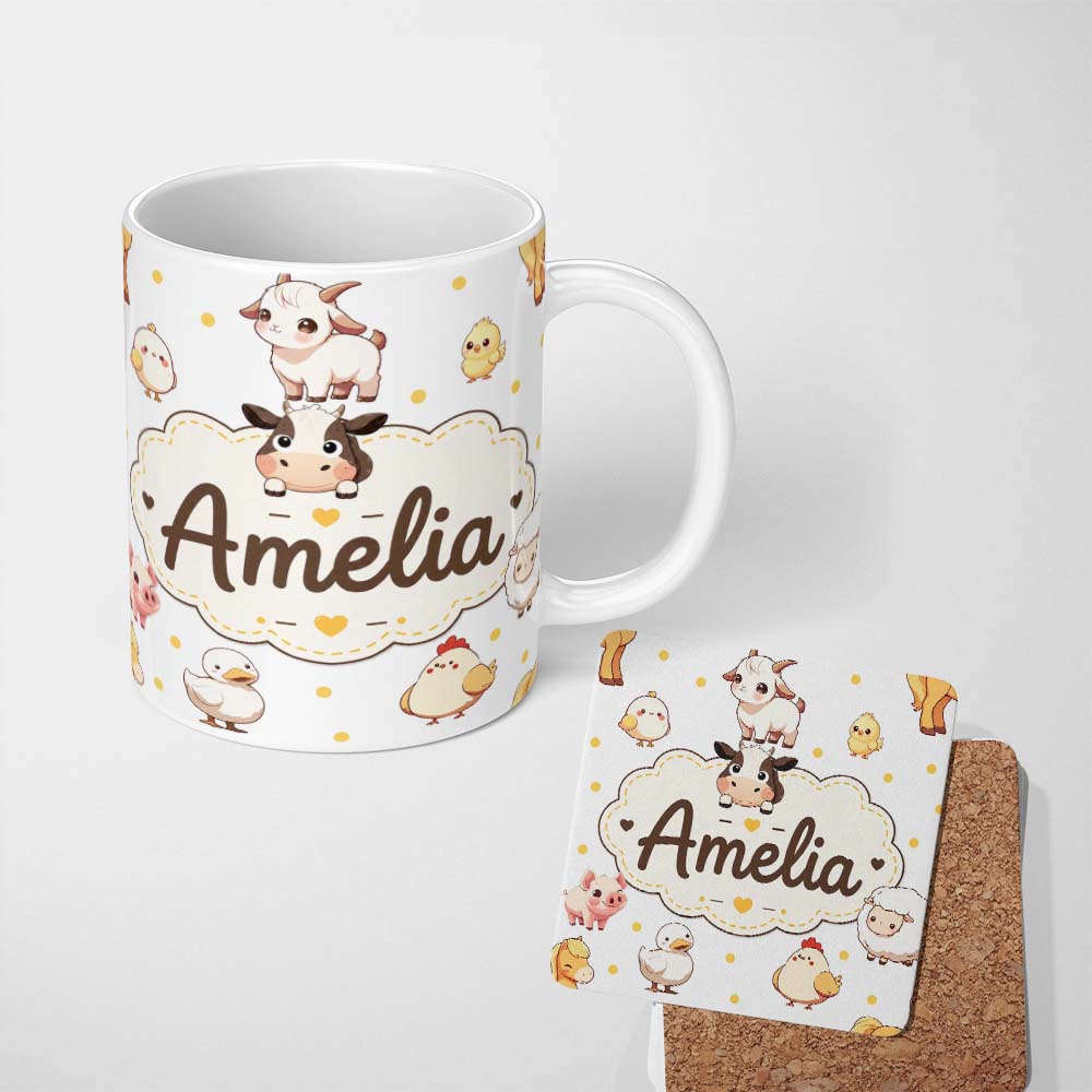 Personalized Custom Name Cute Farm Animals Cow Pig Duck Chicken Grey Dot Background Seamless 11oz Ceramic Coffee Tea Mug White Large Handle