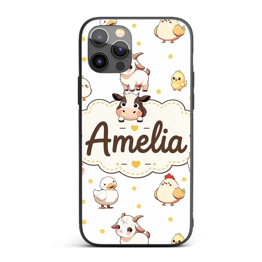 Cute Farm Animals Cow Pig Duck Chicken Grey Dot Custom Name Protective Phone Case Mobile Cover Durable Everyday Smartphone Shock Resistant