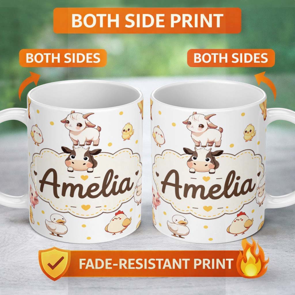Personalized Custom Name Cute Farm Animals Cow Pig Duck Chicken Grey Dot Background Seamless 11oz Ceramic Coffee Tea Mug White Large Handle