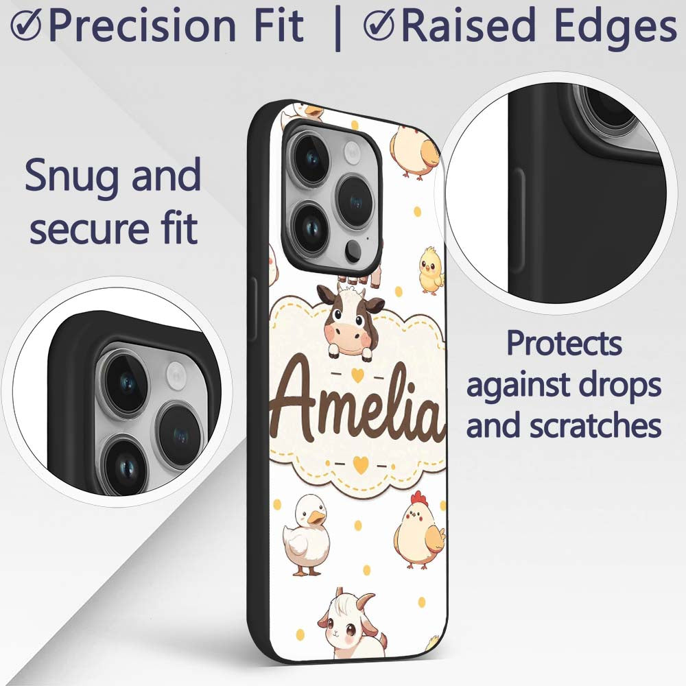 Cute Farm Animals Cow Pig Duck Chicken Grey Dot Custom Name Protective Phone Case Mobile Cover Durable Everyday Smartphone Shock Resistant