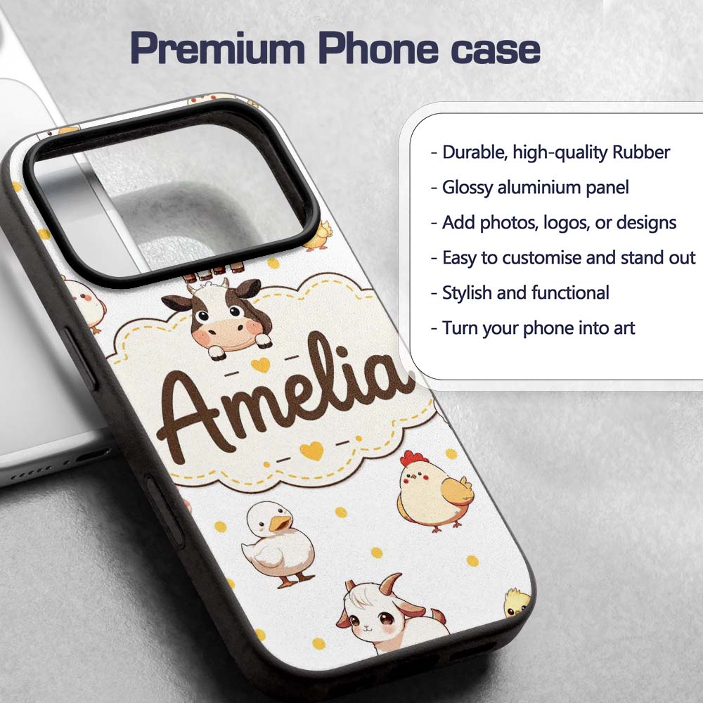 Cute Farm Animals Cow Pig Duck Chicken Grey Dot Custom Name Protective Phone Case Mobile Cover Durable Everyday Smartphone Shock Resistant