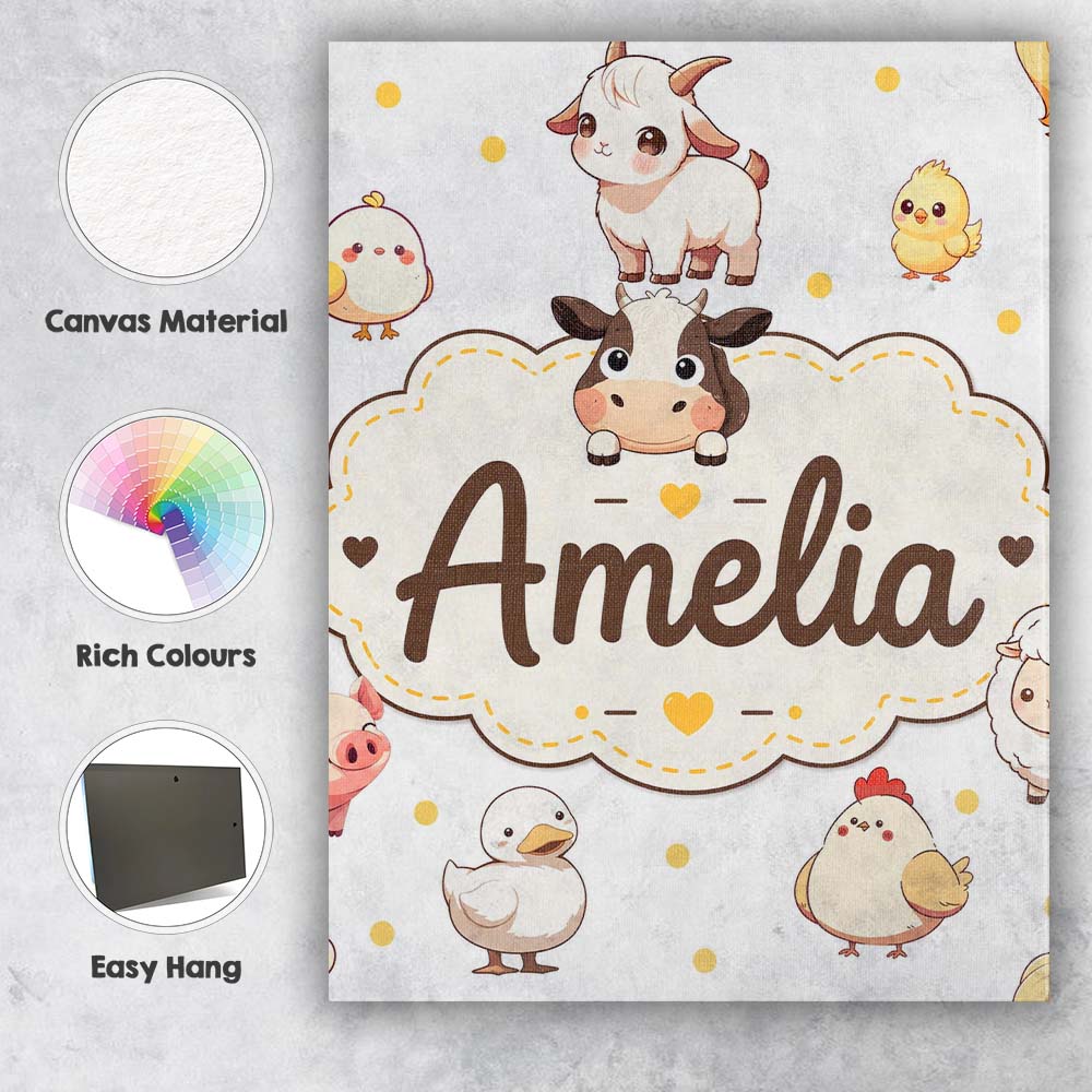Personalised Name Cute Farm Animals Cow Pig Custom Bespoke Interior Contemporary Canvas Wall Art Print Decor Picture Ready to Hang