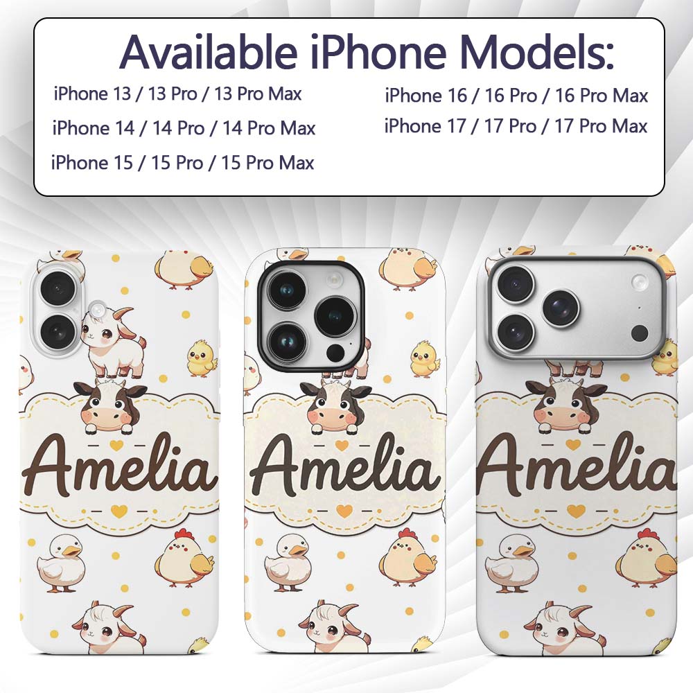 Cute Farm Animals Cow Pig Duck Chicken Grey Dot Custom Name Protective Phone Case Mobile Cover Durable Everyday Smartphone Shock Resistant