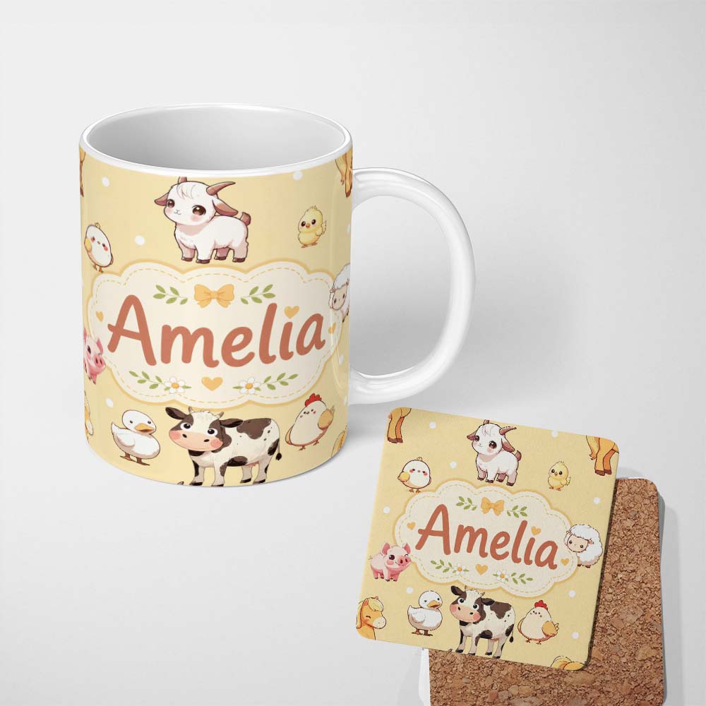 Personalized Custom Name Cute Farm Animals Cow Pig Duck Chicken Yellow Background Seamless 11oz Ceramic Coffee Tea Mug White Large Handle