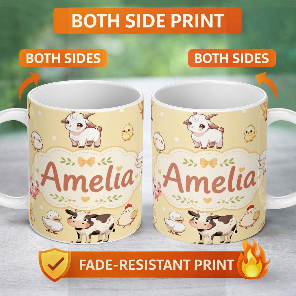 Personalized Custom Name Cute Farm Animals Cow Pig Duck Chicken Yellow Background Seamless 11oz Ceramic Coffee Tea Mug White Large Handle