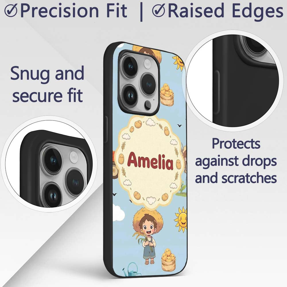 Cute Farm Tractor Duck Girl Farming Scene Blue Custom Name Protective Phone Case Mobile Cover Durable Everyday Smartphone Shock Resistant