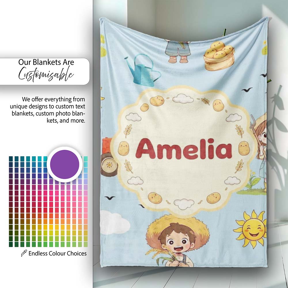 Cute Farm Tractor Duck Girl Farming Scene Blue Background Seamless Personalised Custom Name Super Soft Fleece Blanket Bed Sofa Throw