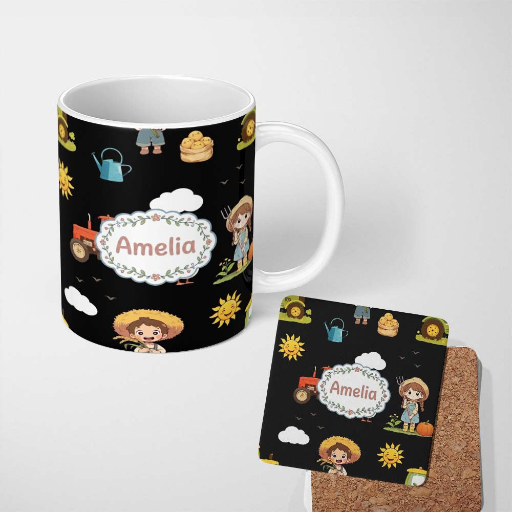 Personalized Custom Name Cute Farm Tractor Duck Girl Farming Scene Black Background Seamless 11oz Ceramic Coffee Tea Mug White Large Handle
