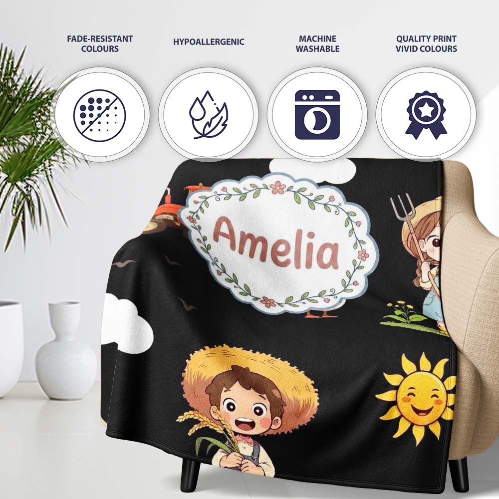 Cute Farm Tractor Duck Girl Farming Scene Black Background Seamless Personalised Custom Name Super Soft Fleece Blanket Bed Sofa Throw